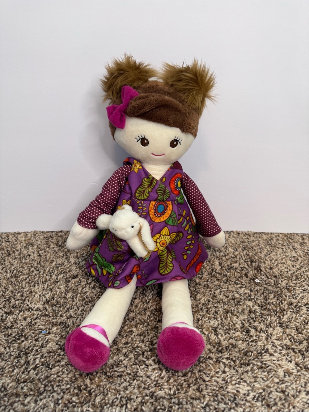 Scentsy Purple Floral Girl Doll with Pink Shoes and Brown Hair